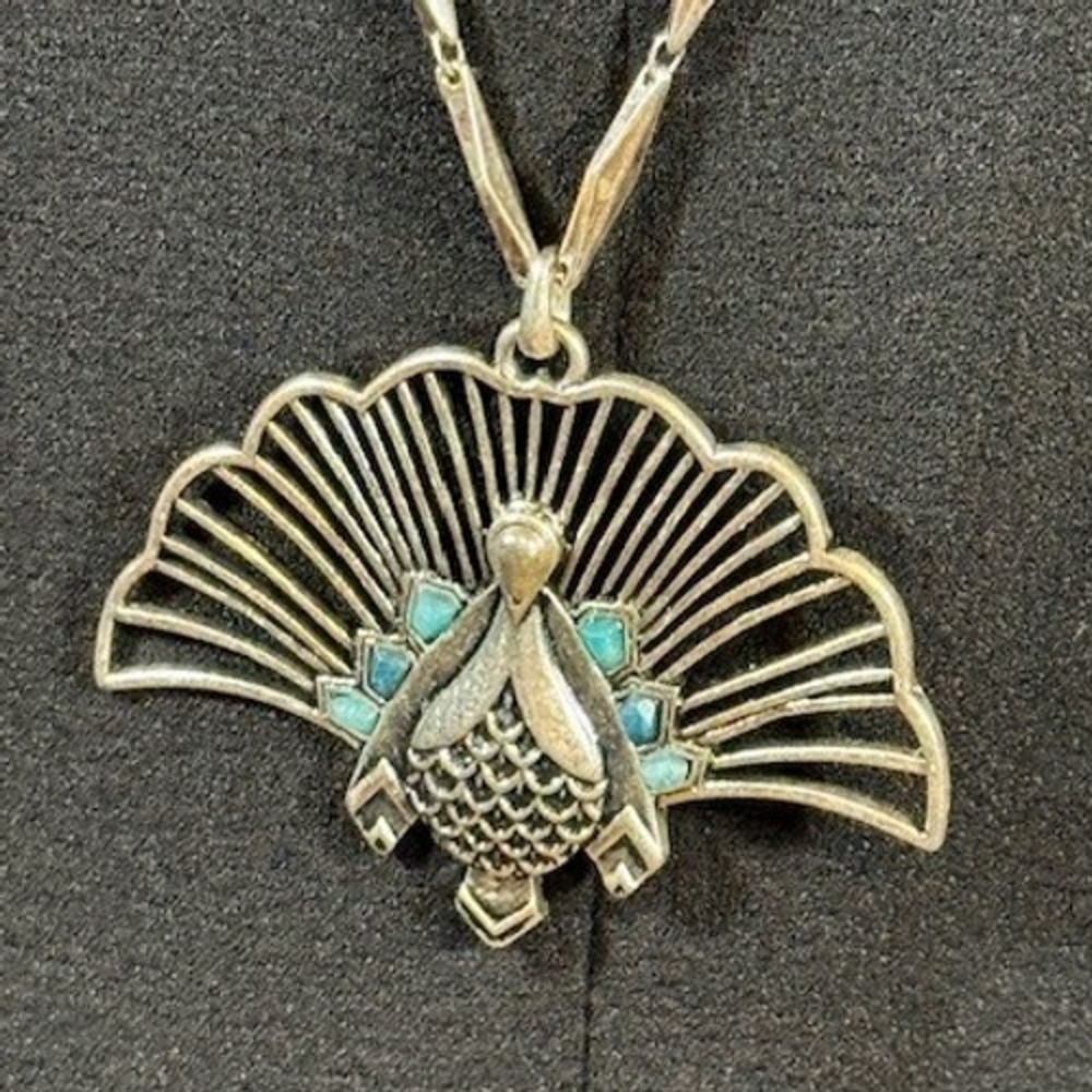 Lucky Brand Peacock Fan Pendant Necklace‎ Turquoise Accent Silver-Tone OS